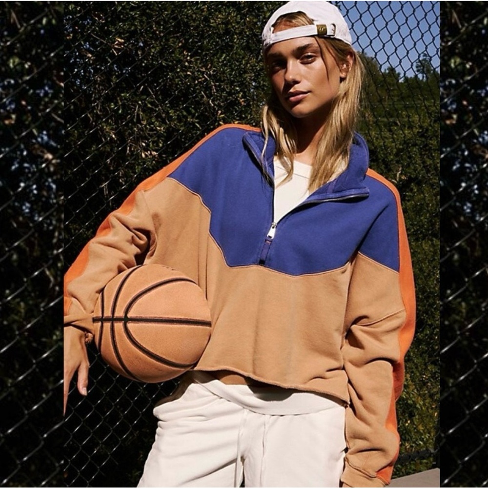 FP Movement by Free People Colorblock Pullover Sweatshirt in Blue, Tan & Orange